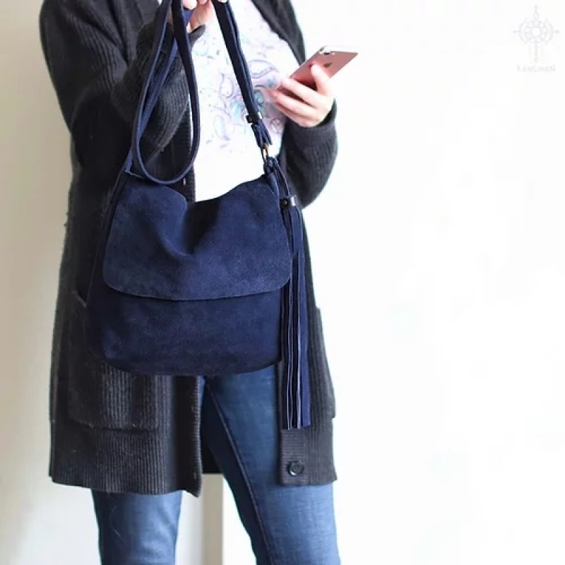Fargo. Midnight blue suede crossbody bag