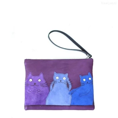 Suede Cats. Leather clutch