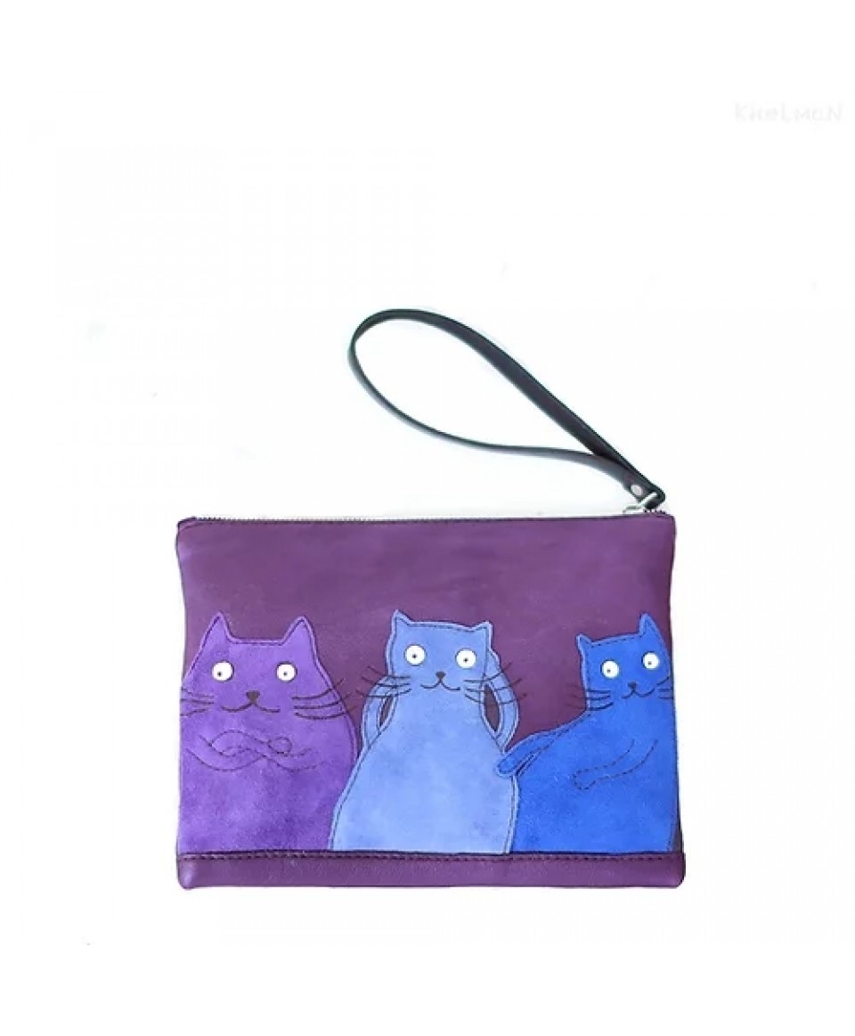Suede Cats. Leather clutch