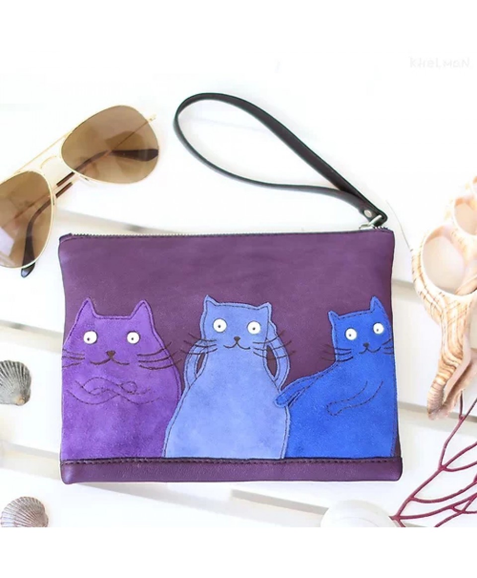 Suede Cats. Leather clutch