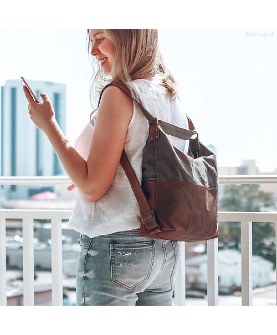 Tusson. Convertible waxed canvas and leather backpack